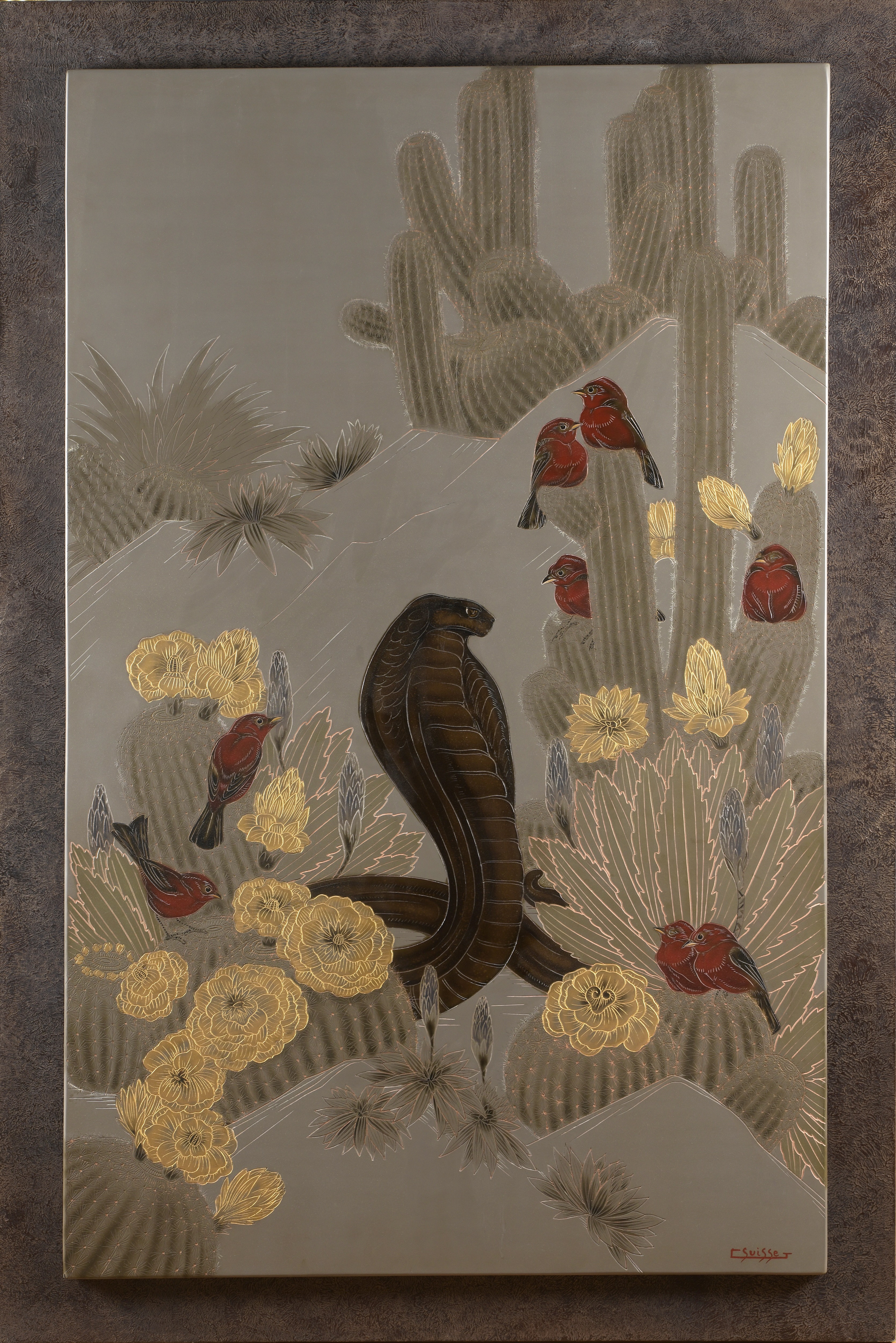 Cobra et Tangaras dans les cactées en fleurs. Vers 1935.